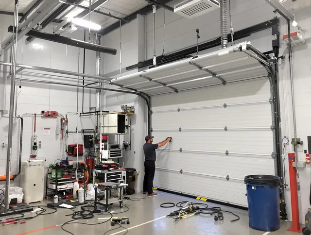 Smithfield Garage Door Repair certified technician performing commercial door repair at a Smithfield business facility
