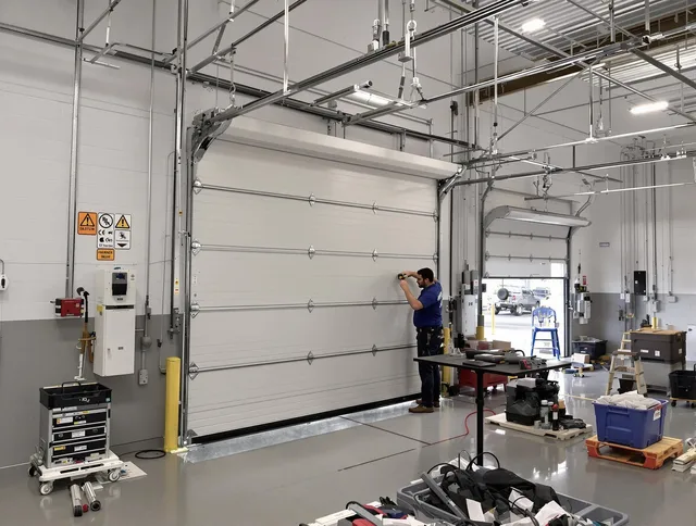 Commercial garage door repair being performed by Smithfield Garage Door Repair expert in Smithfield