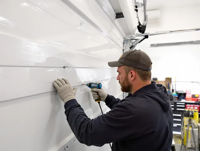 Smithfield Garage Door Repair technician demonstrating precision dent removal techniques on a Smithfield garage door