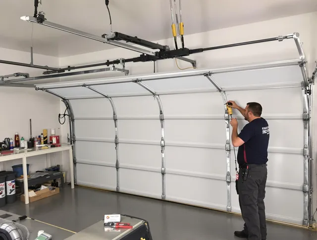 Smithfield Garage Door Repair certified technician performing overhead door system repair in Smithfield
