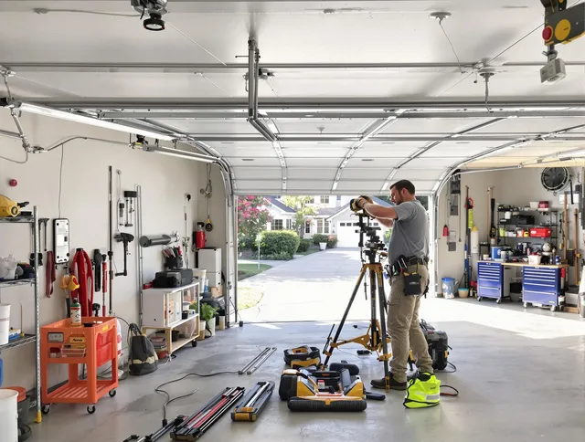 Smithfield Garage Door Repair specialist performing laser-guided track alignment in Smithfield
